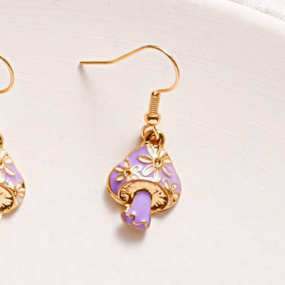 Boho Trendy Purple & Gold Mushroom Dangle Earrings - Picture 2 of 4